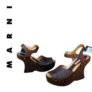 NWT $995~MARNI~Brown Leather/Tweed Peep-Toe Platform Wedge Heel Sandals~6.5/7/37